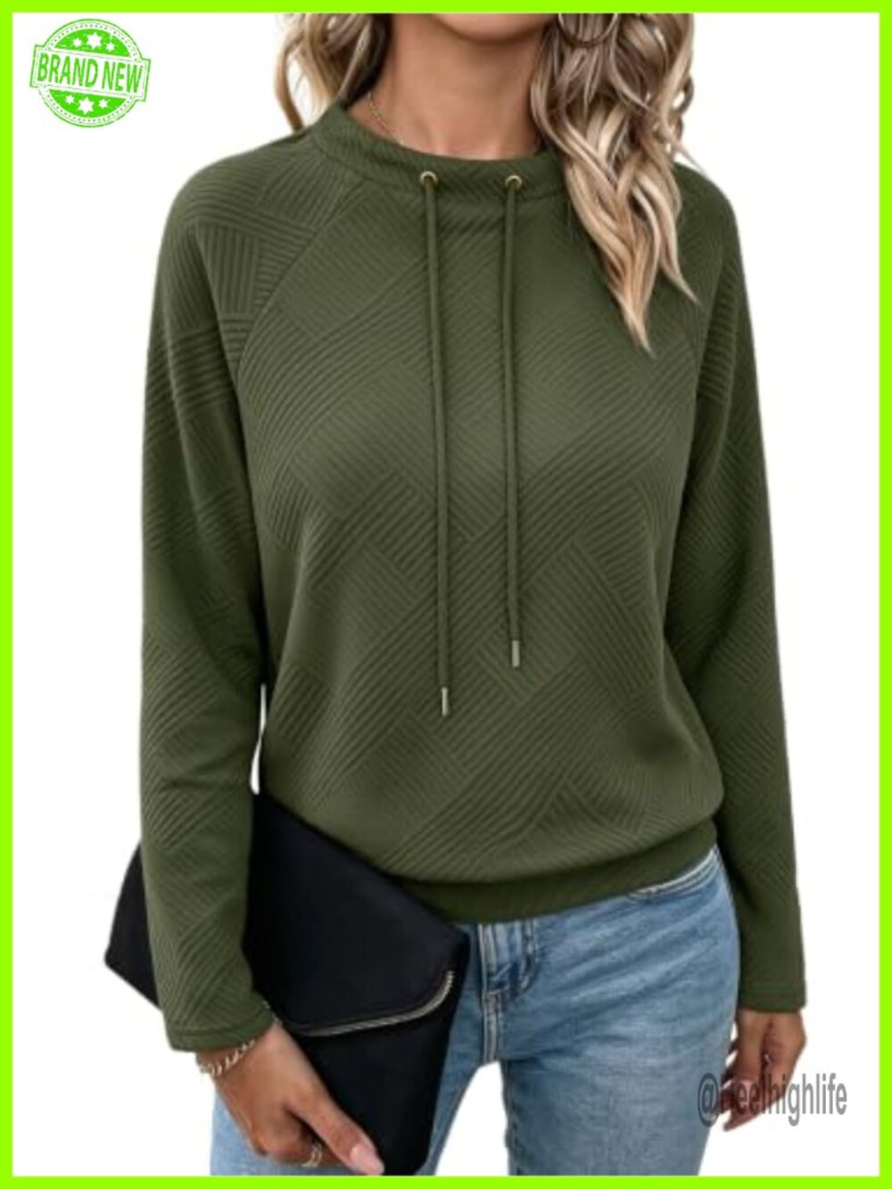 Womens Textured Geometric Pullover Sweatshirt Raglan Sleeve Drawstring